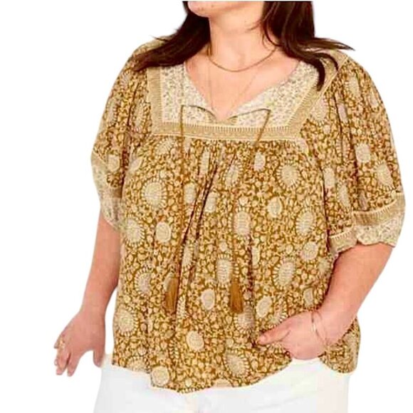 Old Navy Boho Floral Swing Blouse Sz.4 XL Yellow Puff Sleeve Peasant Flowy - Picture 1 of 14